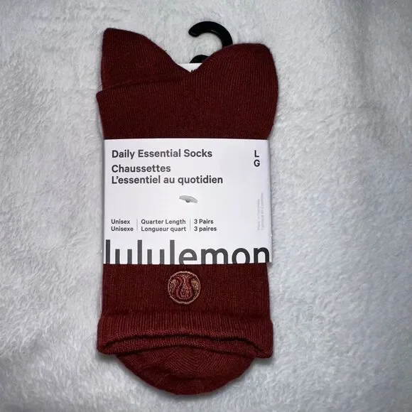 Lululemon Unisex Daily Essential Quarter Socks 3 Pairs Large Pink Maroon NWT