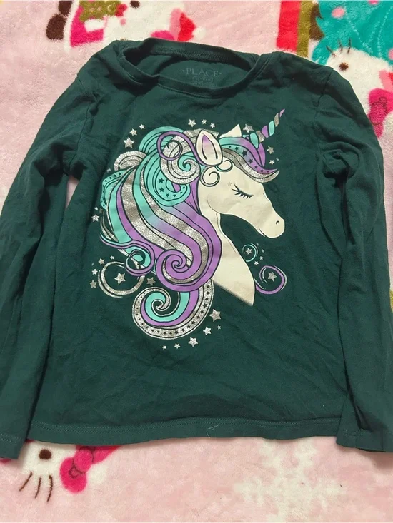 The Children's Place Girls' Dark Green Unicorn Graphic Long-Sleeve Tee