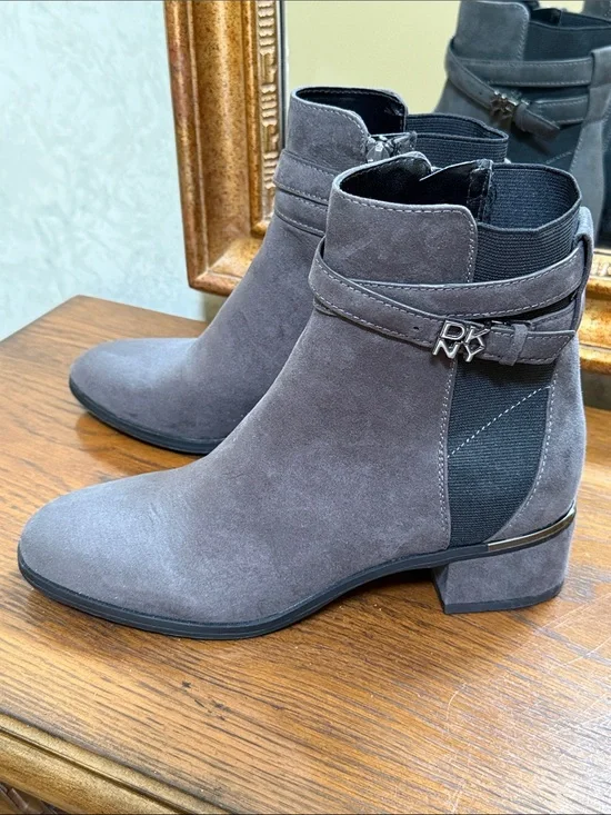 DKNY Gray Suede Ankle Booties with Logo strap accents. Size 7.