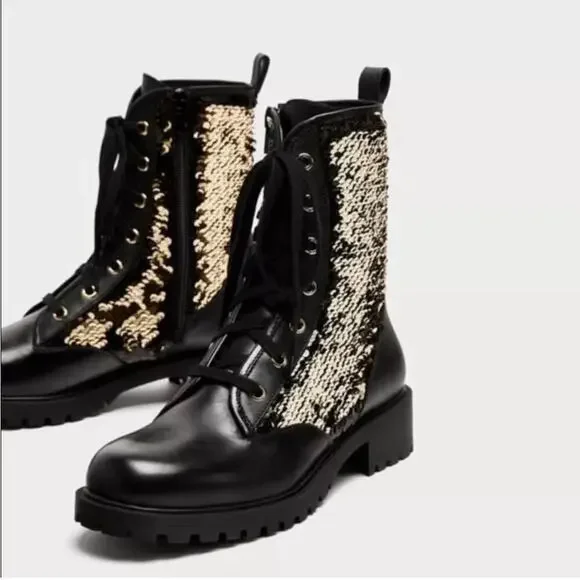 Zara Black Leather Sequined Lace Up Boots Size 6 US