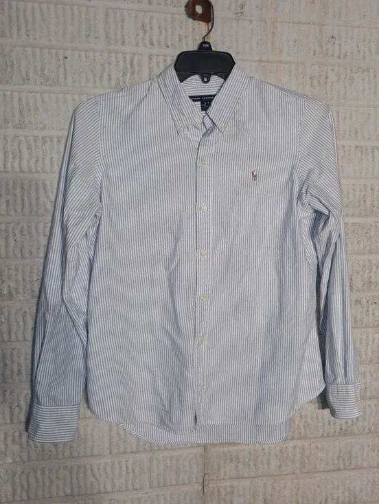Ralph Lauren Sport Light Blue and White Striped Button-Down Shirt In A Boys 12