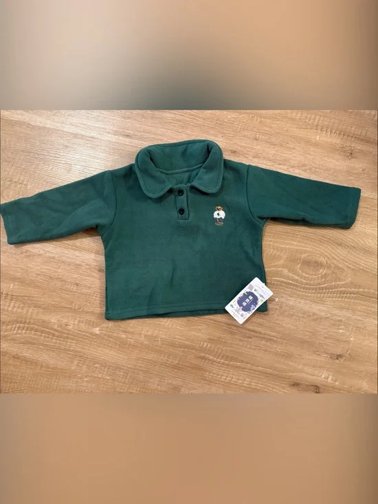 Green Fleece Toddler Pullover with Bear Embroidery