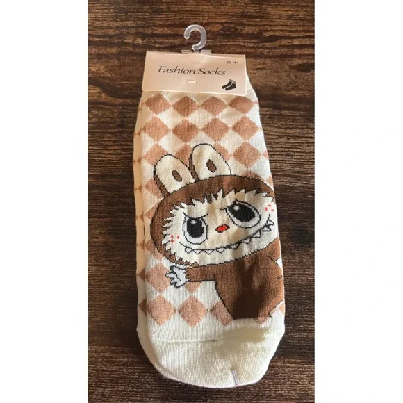 Labubu Character Argyle Ankle Socks Tan Cream Diamond Pattern New