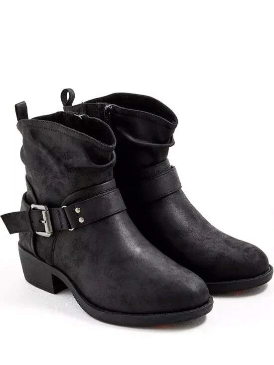 Torrid Bootie Boots 9 WW Wide Black Moto Slouchy Ankle Buckle Zip Heel Shoes NIB