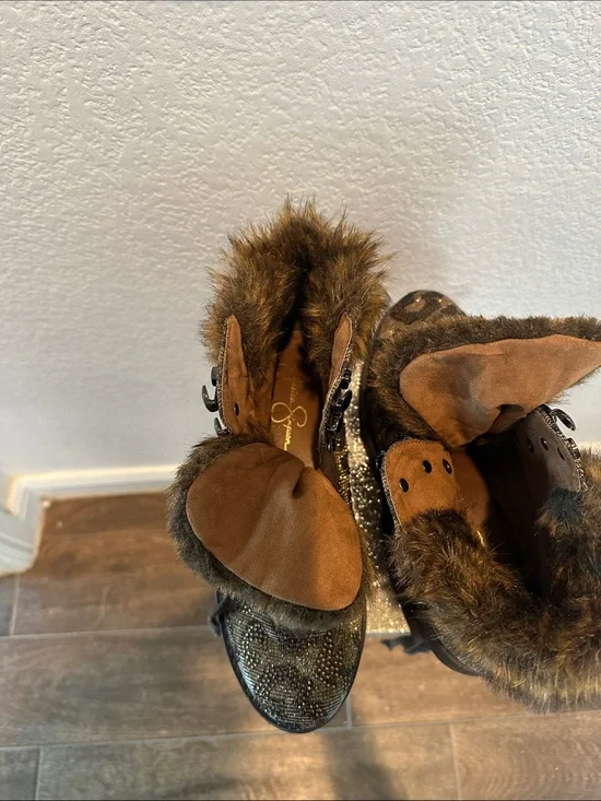 Jessica Simpson Brown Faux Fur Ankle Booties with Metallic Accents