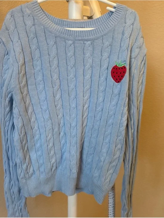 Girls Light Blue Cable Knit Sweater with Strawberry Embroidered Patch