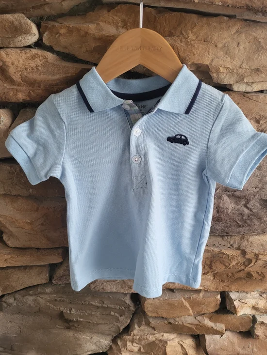 Light Blue Polo Shirt with Car Embroidery For Baby Boy