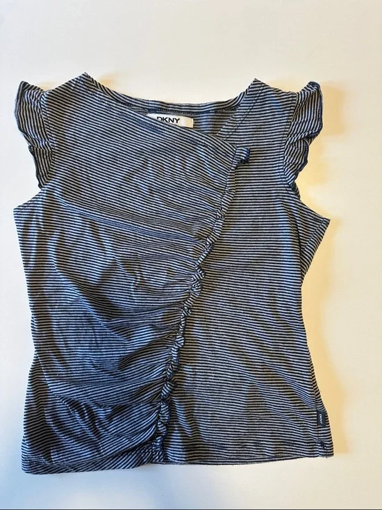DKNY Navy and White Striped Ruffle Sleeve Tee