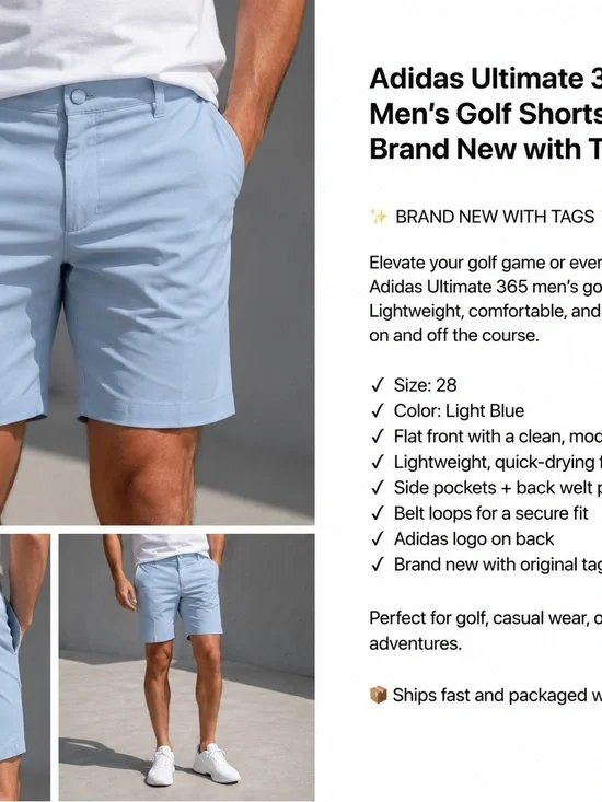 adidas Men’s Light Blue Flat-Front Golf Shorts