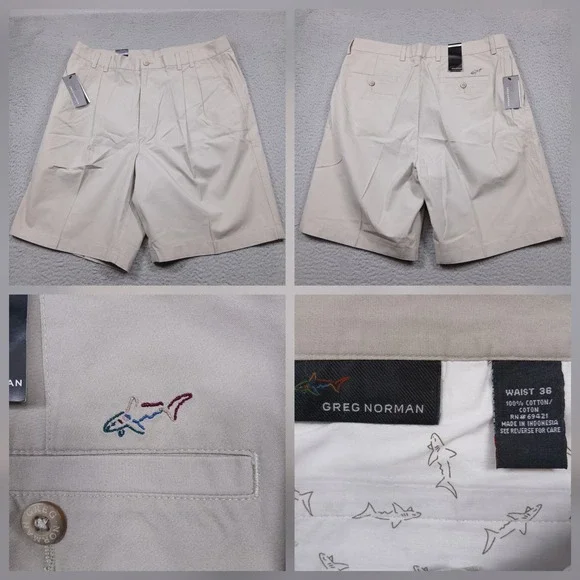 Greg Norman Golf Shorts Mens 36 Khaki Tan Flat Front Embroidered‎ NWT