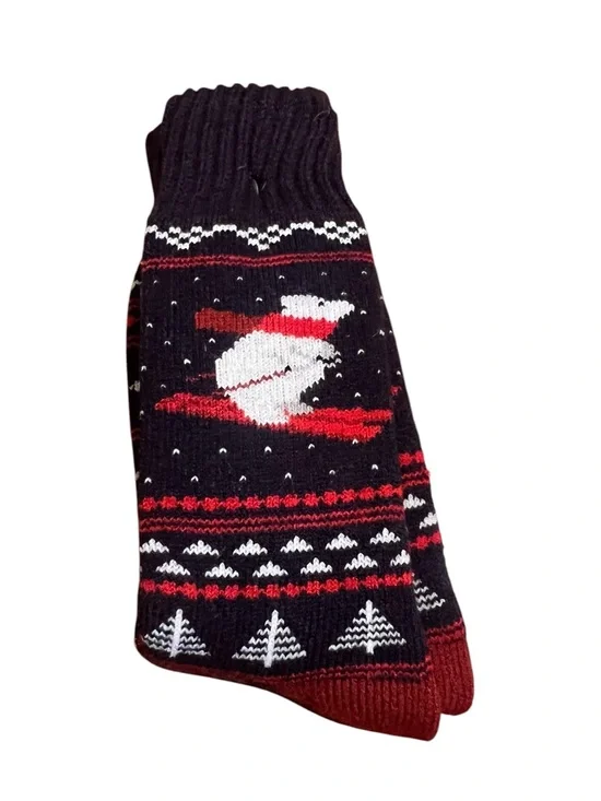 Unisex Christmas Socks Polar Bear Skiing Navy Blue White Red Holiday Crew Socks