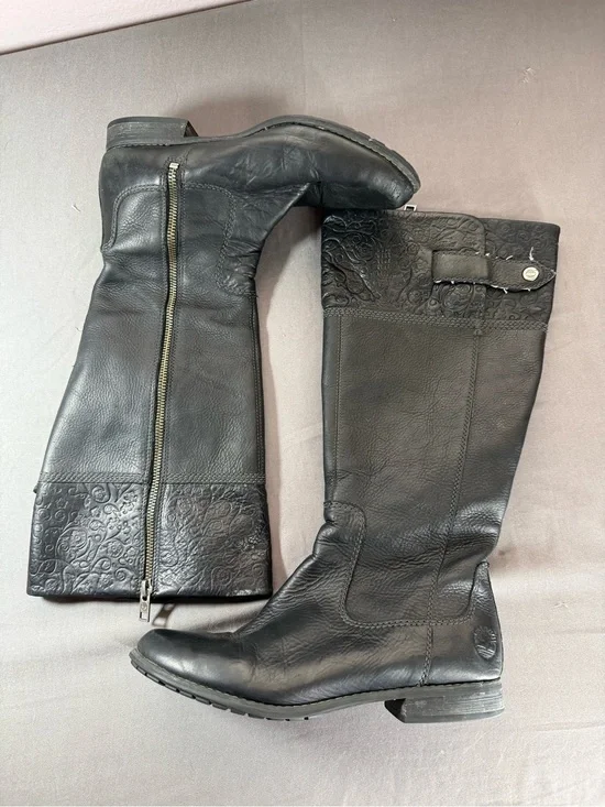 Timberland Black Leather Knee-High Riding Boots with Embossed Trim