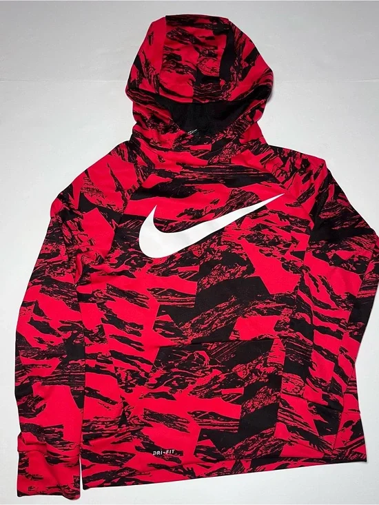 Nike Boys Dri-FIT Red Black Camo Pullover Hoodie Swoosh Size Youth Large