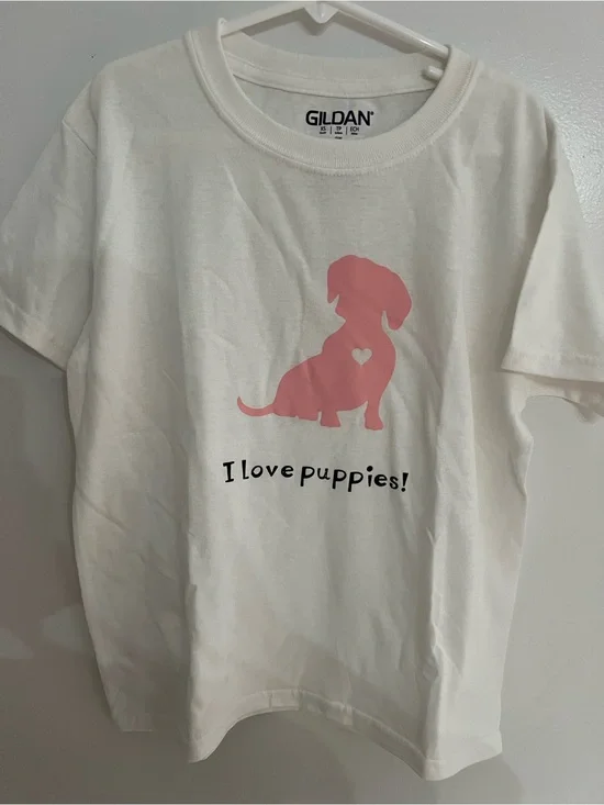 Gildan White Tee with Pink Puppy Silhouette and Heart
