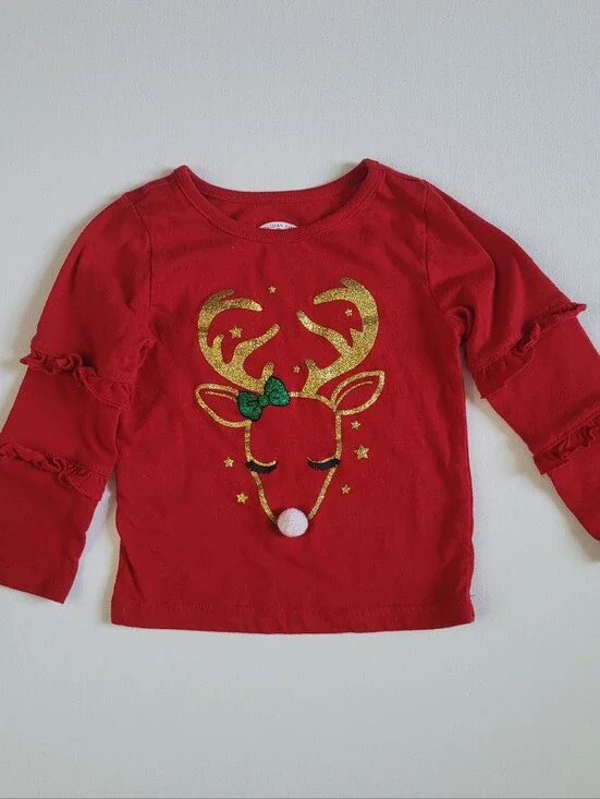 Holiday Time Red Long-Sleeve Top with Gold Reindeer and Green Bow