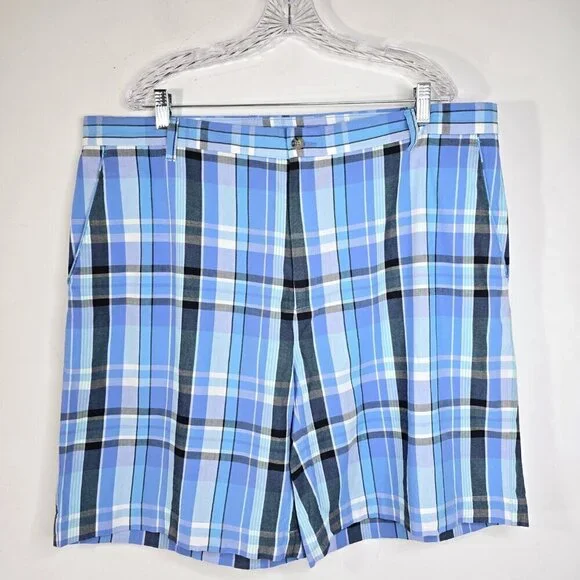 NWT Oxford Golf Blue White Tartan Plaid Cotton Flat Front Chino Shorts