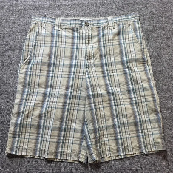 Columbia Shorts Men's Size 36 Tan Blue Plaid 100% Cotton Flat Front