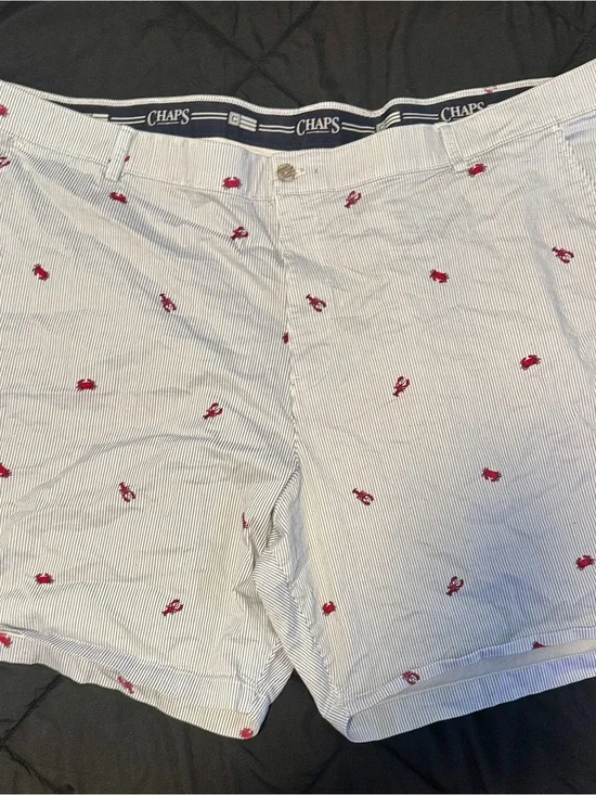 Chaps Blue-and-White Striped Shorts with Red Embroidery