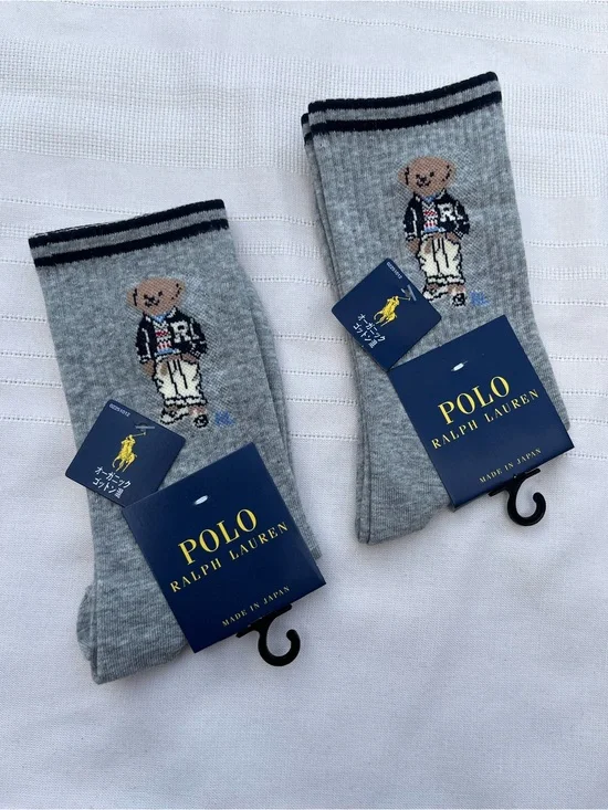 Polo by Ralph Lauren Grey Bear Crew Socks with Navy Trim 2 pairs