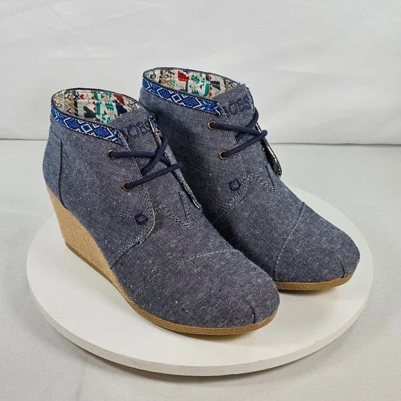 Skechers BOBS Denim Wedge Booties Navy Blue Lace Up Desert Boots 34288 NVY 7
