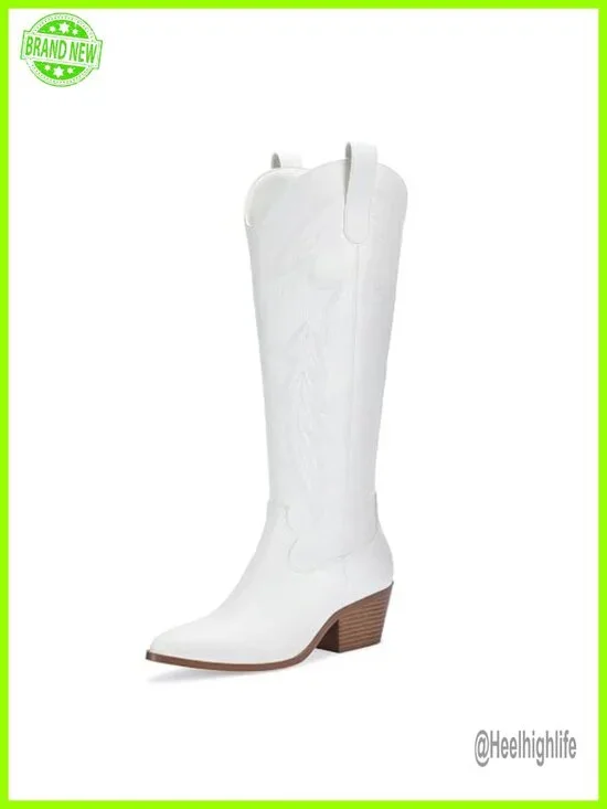 Knee High Cowgirl Boots with Embroidery Pointed Toe Block Heel Western Faux