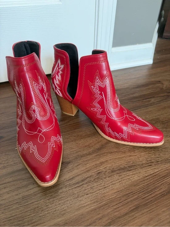 Red Western Ankle Boots with Embroidered Detail - Women