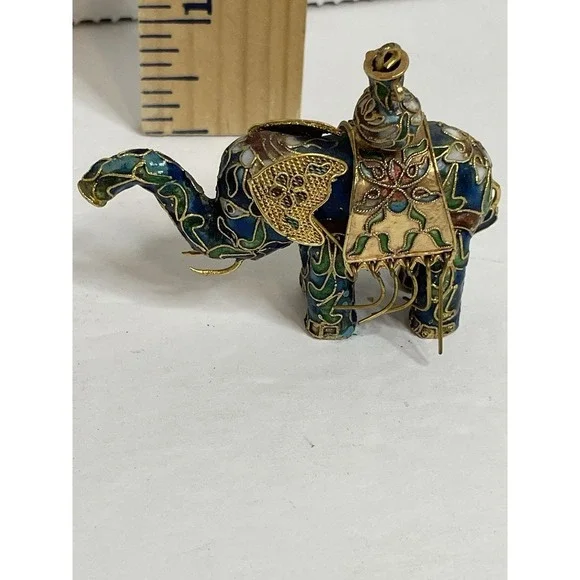 Elephant Enamel Cloisonne Lucky Elephant Figurine Trunk Up 1.5