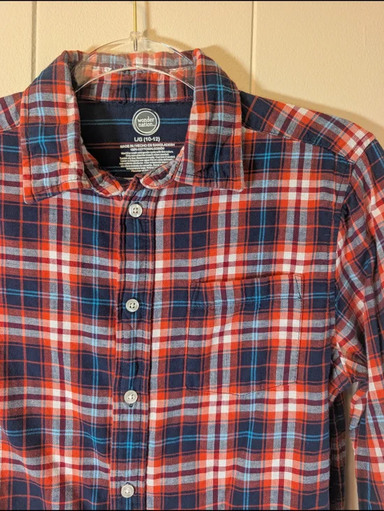 Wonder Nation Boys Plaid Button Front Shirt Red Blue Cotton Size Large 10-12