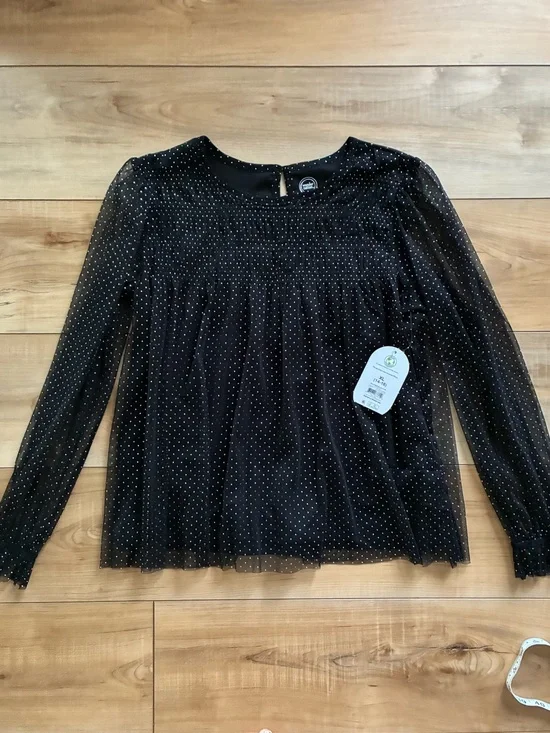 wonder nation Black Long Sleeve Mesh Top with silver shimmer Detail