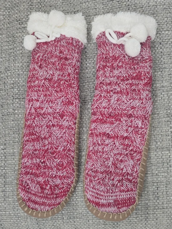 Cozy Red & White Knit Pom-Pom Slipper Socks