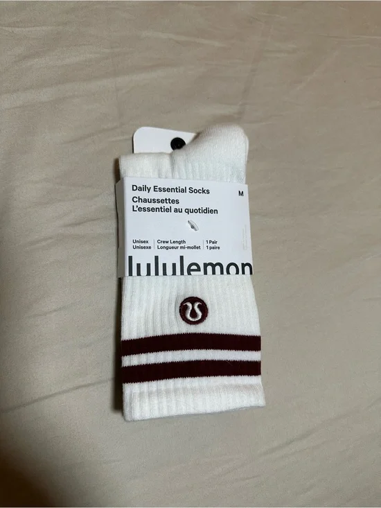 lululemon athletica White Crew Socks with Burgundy Stripes