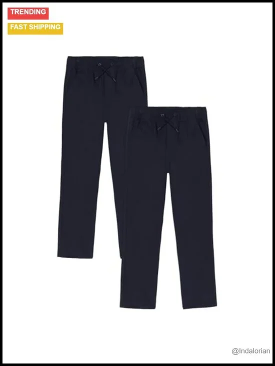 Boys' School Uniform Pull On Stretch Twill Pants, Drawstring Waist, 2-Pack