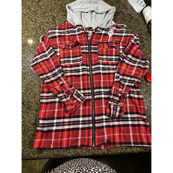 Disney Forky Plaid Flannel Full Zip Hoodie Jacket Adult Large Red Toy Story EUC