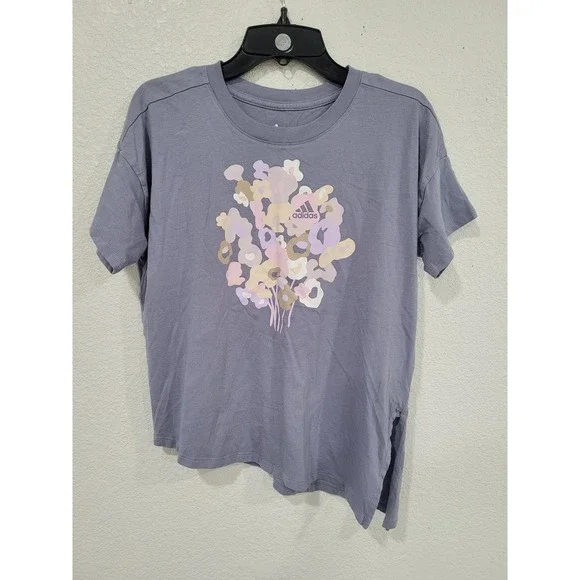 Adidas Girls Purple Floral Graphic Loose Fit Asymmetrical Hem T-Shirt Small‎ #7