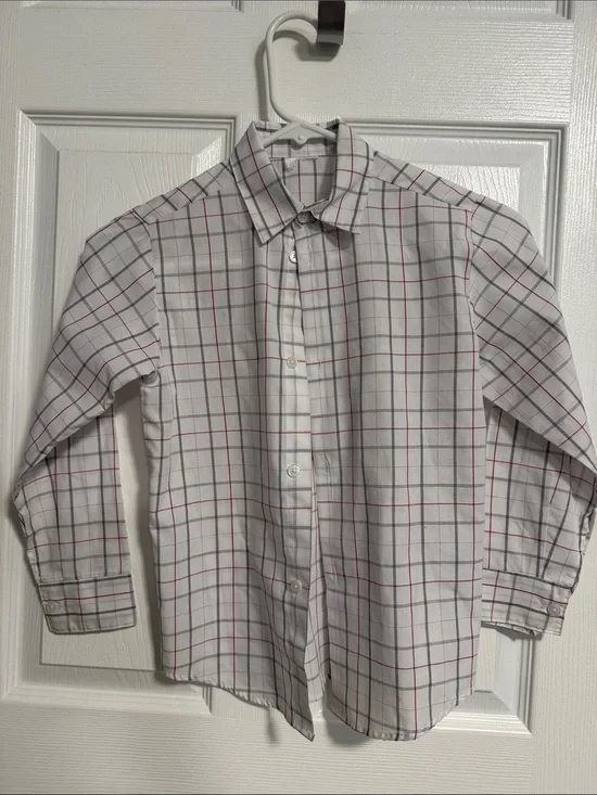 White Plaid Button-Up Shirt with Red and Gray Lines