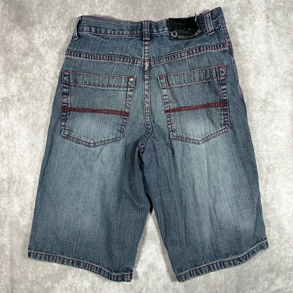 Southpole Mens Baggy Denim Shorts Blue Red Stitch Y2K Hip Hop Skater Jorts 30x14