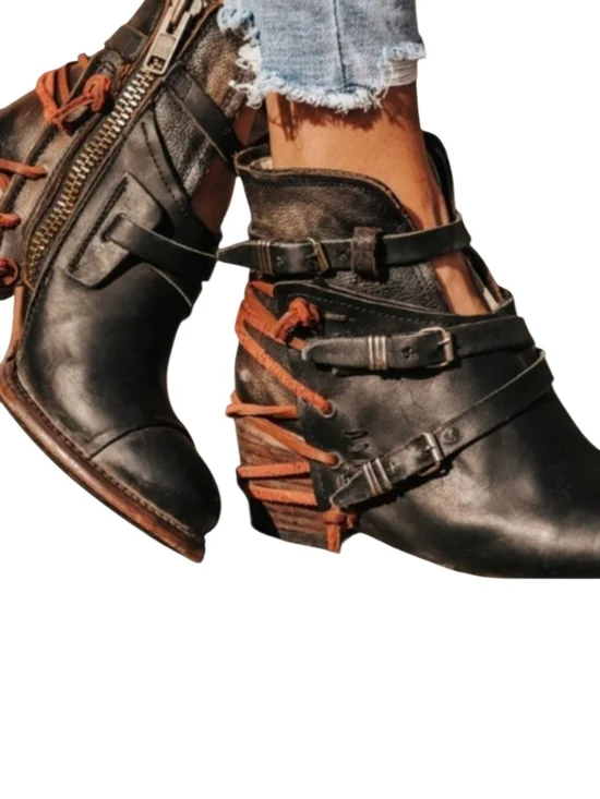Freebird Crue Leather Buckle Cutout Ankle Boots - Black & Brown