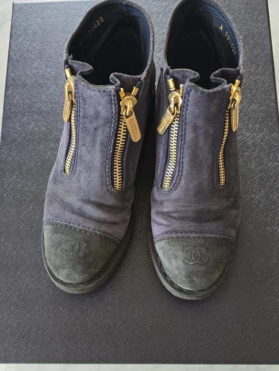 CHANEL Navy Suede Ankle Booties with Gold Zippers