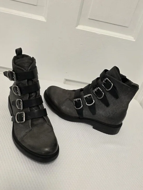 Miz Mooz Charcoal Grey Leather  Buckle Ankle Accent Zip Boots Size 40/9, Biker,