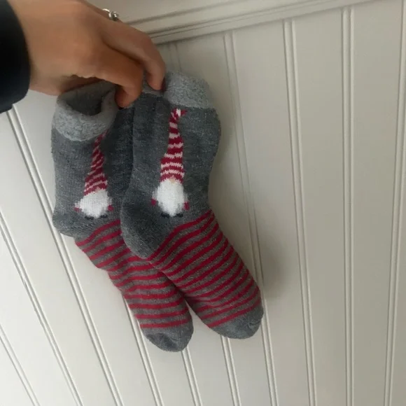 Gray and Red Gnome Christmas Striped Thick Cozy Cabin Socks