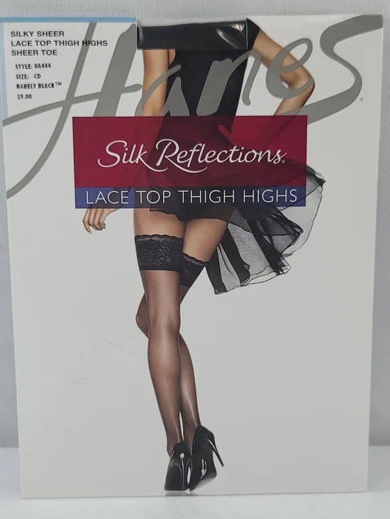 Hanes Silk Reflections Lace Top Thigh Highs Silky Sheer Toe Barely Black Sz CD