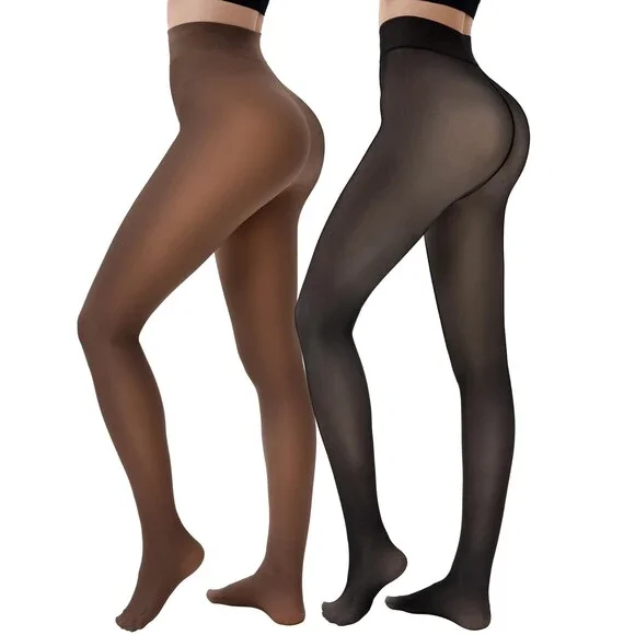 HONGTEYA Women's 2 Pairs Fleece Lined Tights Warm Sheer Pantyhose Fake L