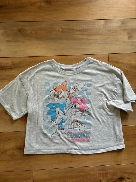 Sonic Characters Short Sleeve Tee - Light Gray with Blue & Pink Art