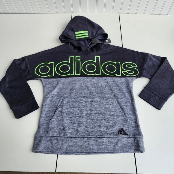 NWT Adidas Charcoal Gray Green Logo Pullover Fleece Hoodie Kids M (10-12)