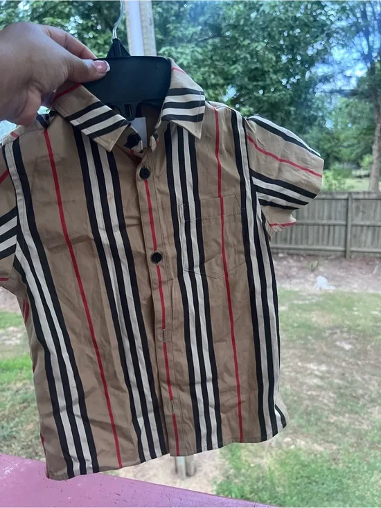 Burberry Tan, Black & Red Striped Short Sleeve Shirt