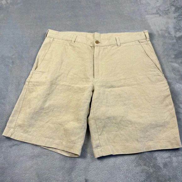 Jos A Bank Men's 36 100% Linen Shorts Beige Tan Flat Front Summer Casual Preppy