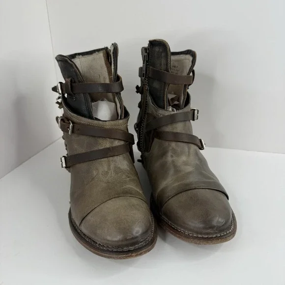Vintage Freebird by Steven Women's Green Leather Strap Boots Size 9 Womens Boho