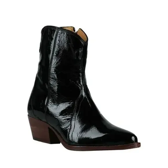 Free People New Frontier Western Boot Ankle Black Patent Leather Side Zip 40 9.5