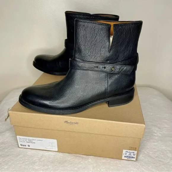 Madewell Biker Boots Lowrider Leather Ankle Moto Stacked Heel New Black Size 9