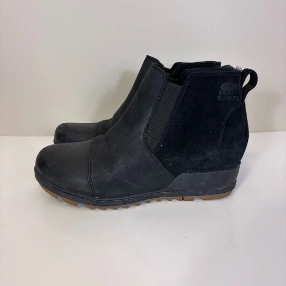 Sorel‎ Black Leather & Suede Wedge Ankle Booties 9